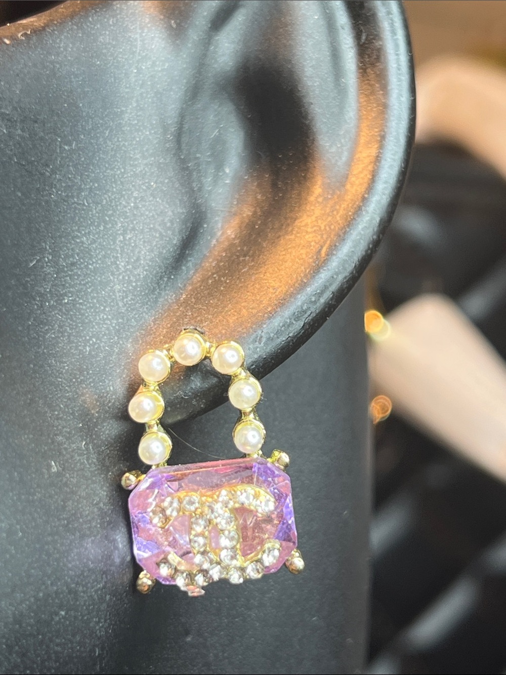 Gold with Pearl  Hand Bag Drop Earrings with Lavender Crystal